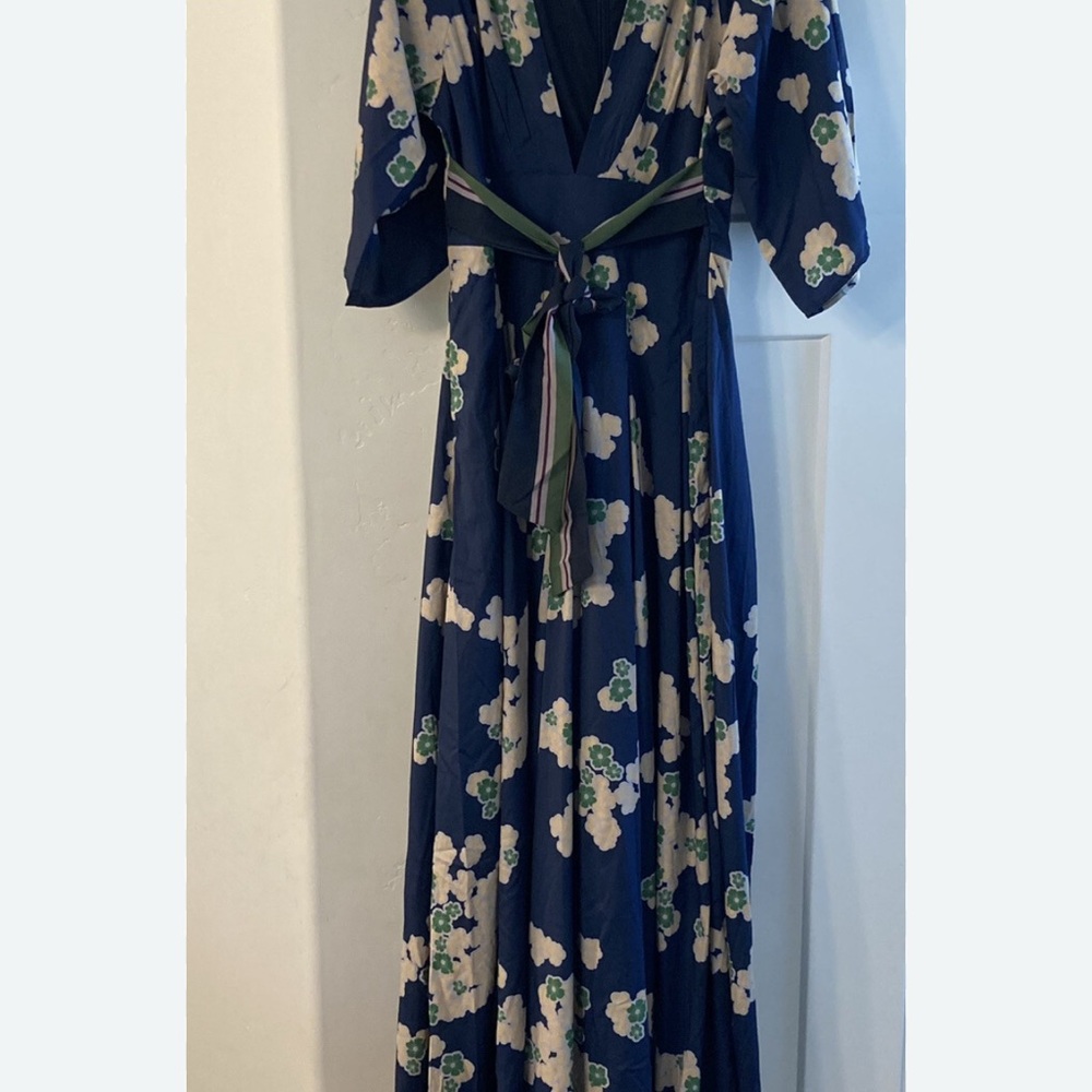 eShakti Blue and White Wrap Maxi Dress with Flutter Sleeves